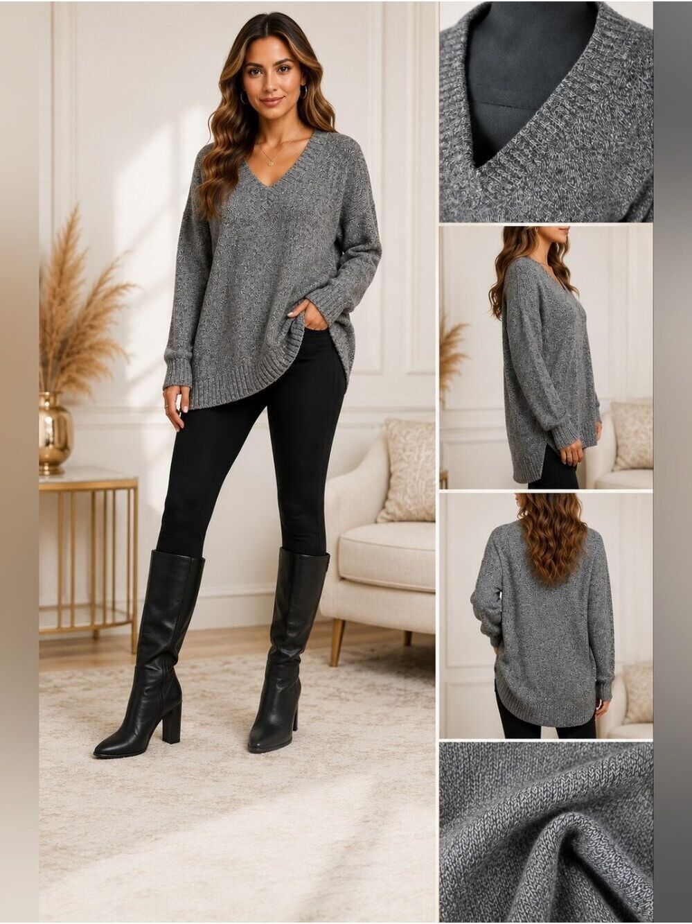 Athleta Wool Cashmere Blend Oversized V-Neck Sweater | Gray Marled